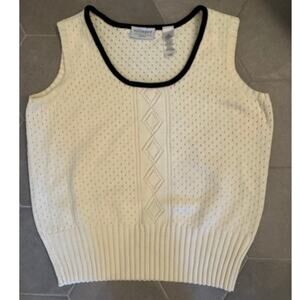 Villager 1X Ivory Knit Vest Black Velvet Trim Classic Preppy Pullover